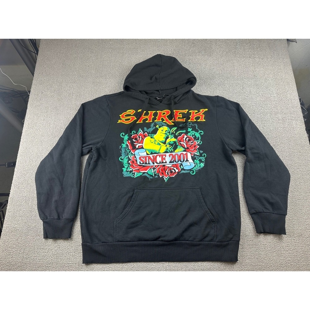 Shrek Hoodie Men XL Black Graphic Print‎ Roses 2000s Movie Cartoon DreamWorks